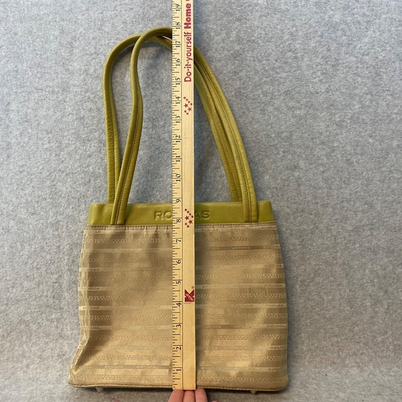 Rochas Paris Two Handle Purse Fabric & Leather 10" Tan / Green Phone Pouch - Picture 5 of 14